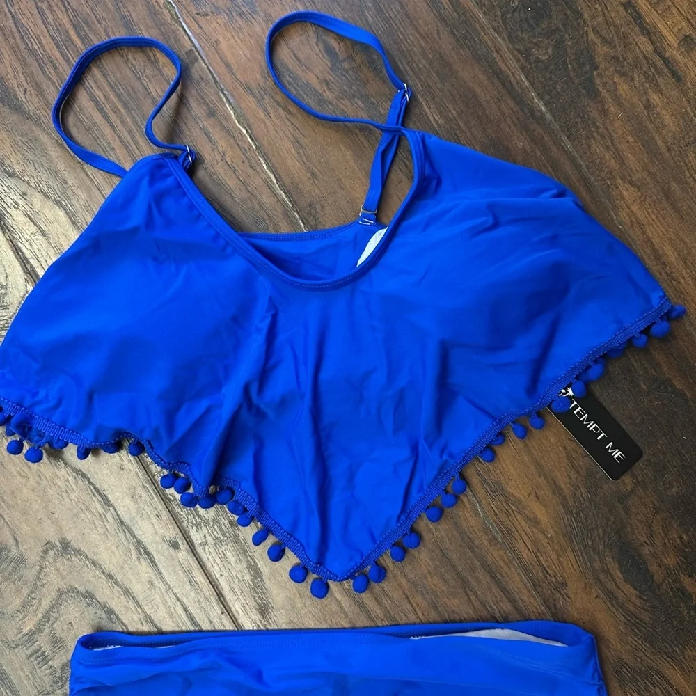 Vibrant Blue High-Waisted Bikini with Fringe Detail.   <<<<104>>>>> - Picture 4 of 6